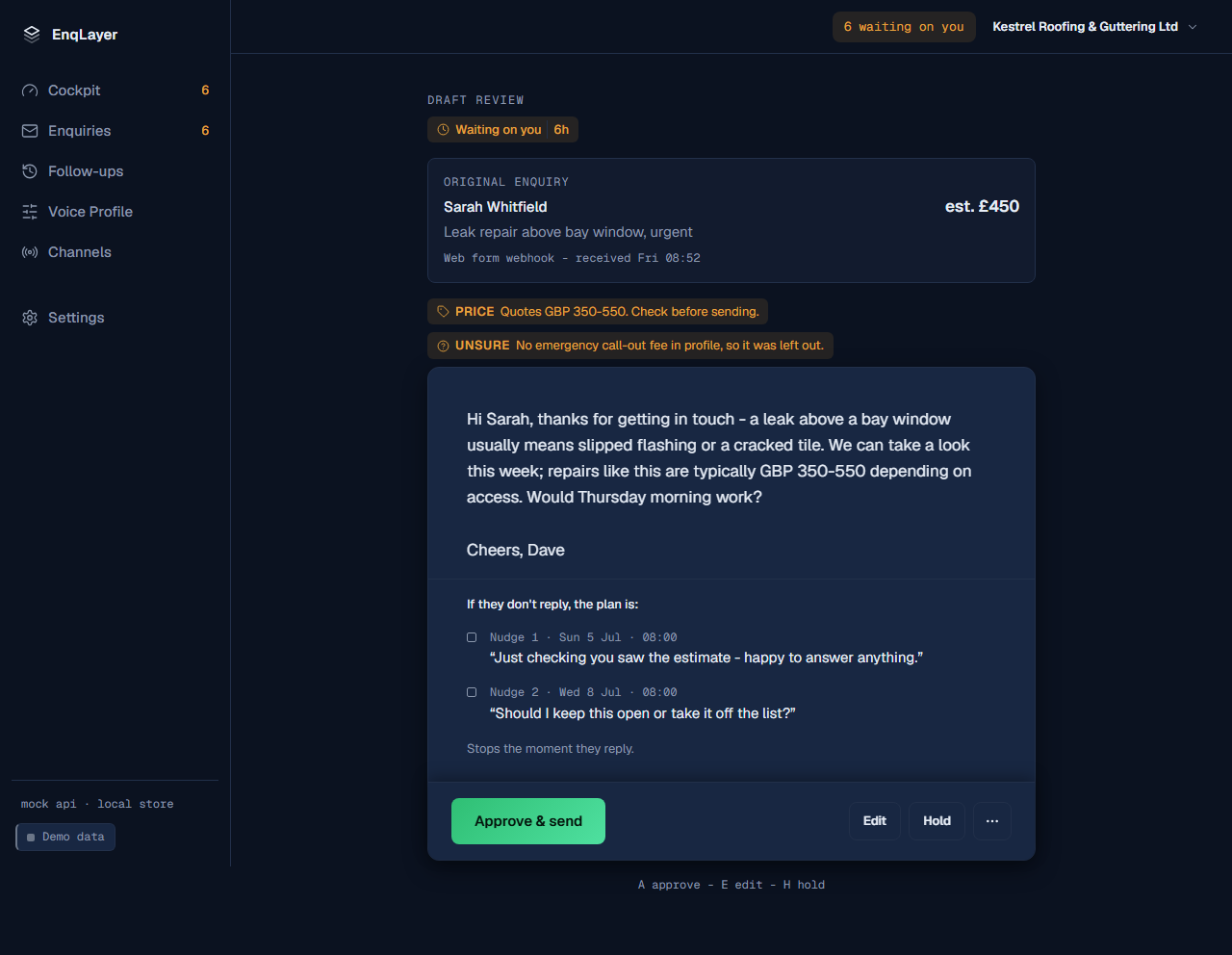 EnqLayer Draft Review screen with demo data: an enquiry from Sarah Whitfield, an AI draft with PRICE and UNSURE safety flags, the follow-up plan the approval covers, and the Approve and send action bar.