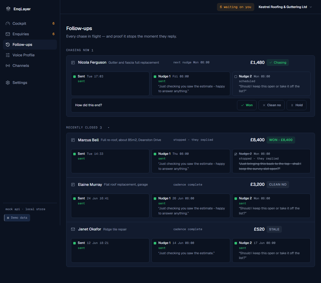 EnqLayer Follow-ups screen with demo data: chases in flight with nudge timelines, a stopped nudge marked stopped they replied, and outcomes Won £8,400, Clean no and Stale.